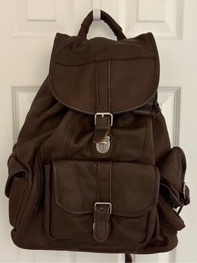 Unisex Dark Brown Leather Backpack with Front and Side Buckle Pocket